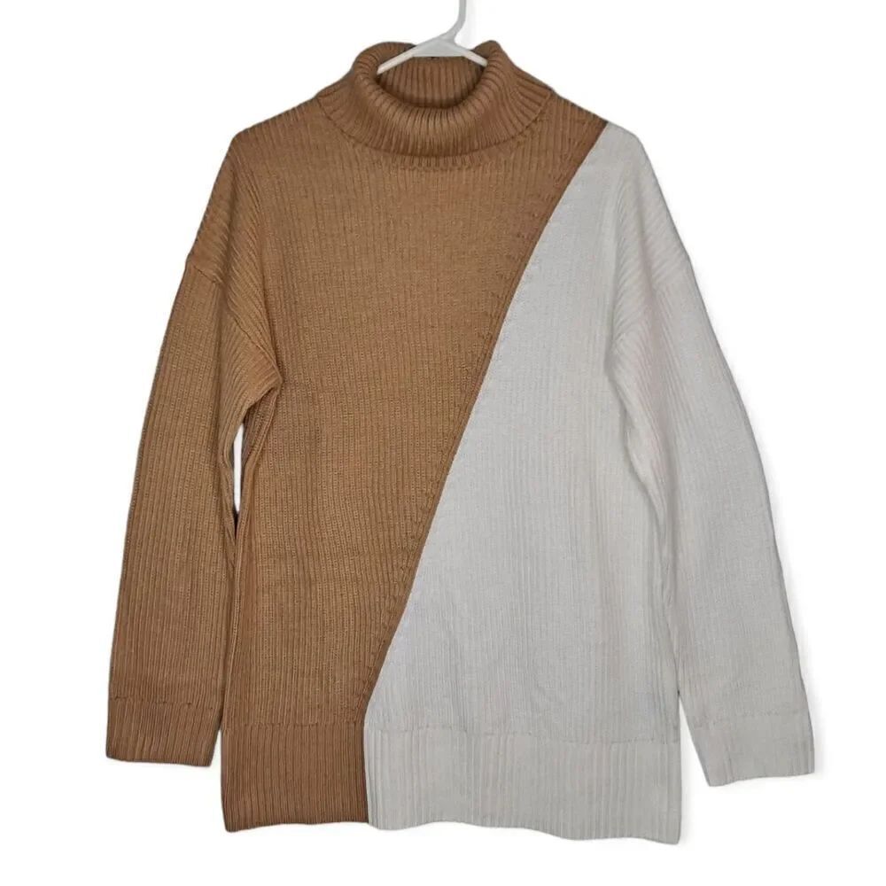 Alfani Asymmetrical Print Ribbed Turtleneck Sweater Palm Desert White Medium